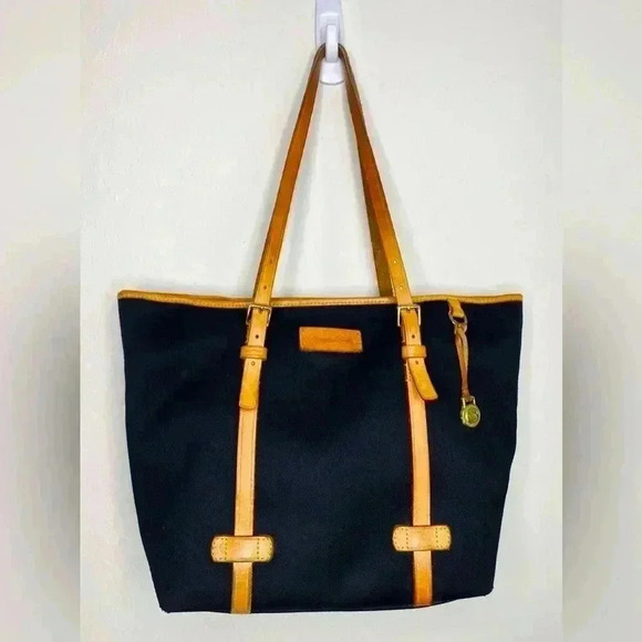 Dooney & Bourke Vintage Black Canvas Leather Trimmed Tote - Picture 1 of 15